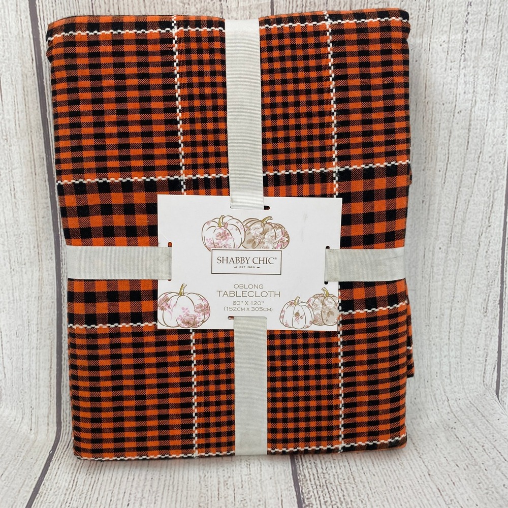 Shabby Chic Tablecloth 60x120 Orange Black Gingham Plaid Cotton Fall Halloween